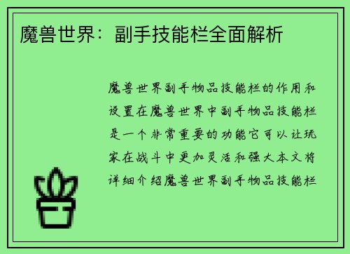 魔兽世界：副手技能栏全面解析